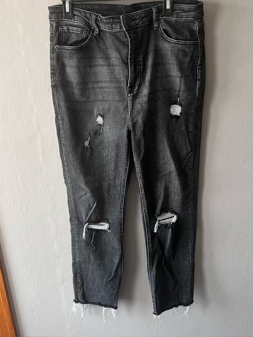 Risen RDP1206 High Rise Slim Straight Cropped Raw Hem Distressed Jeans Size 32